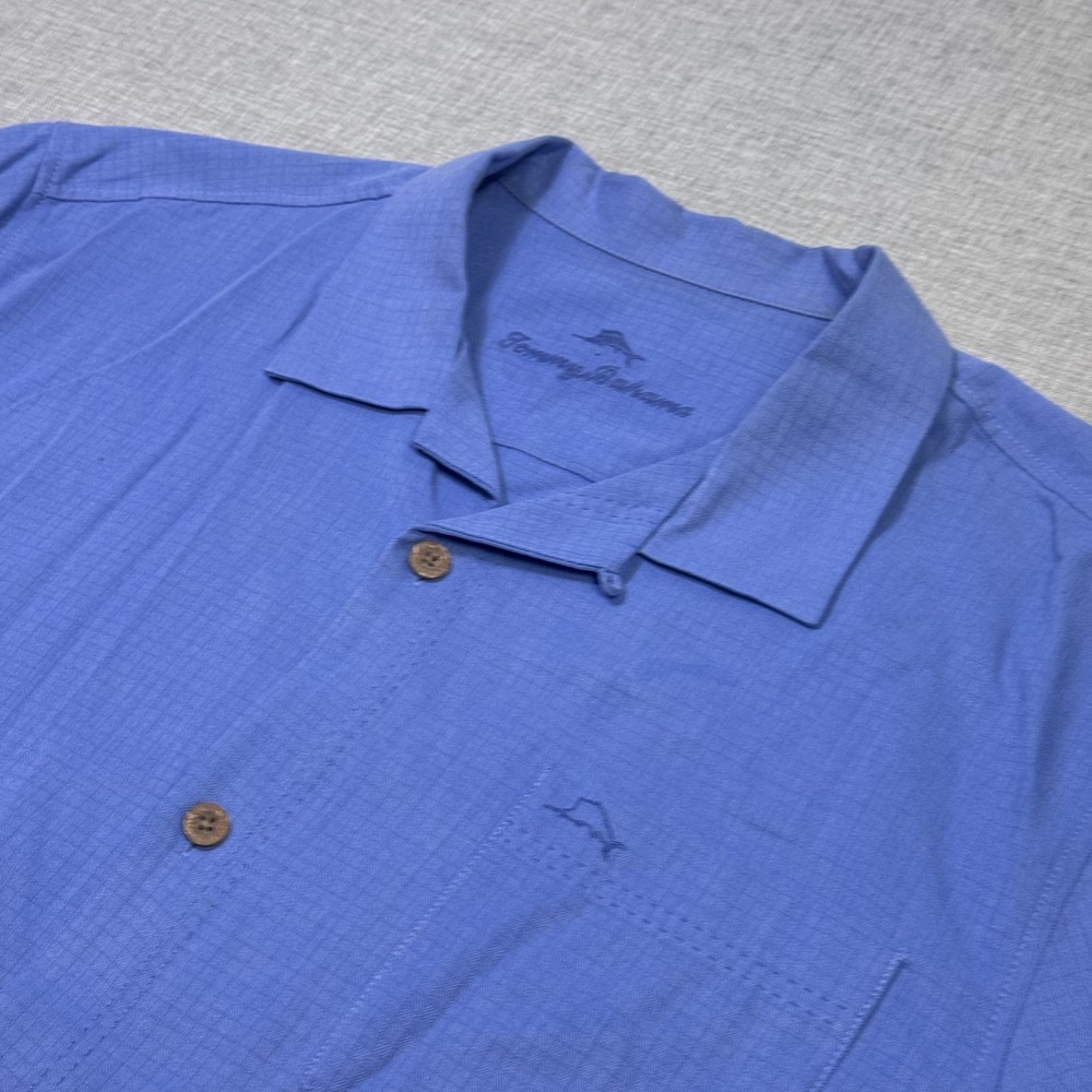 Tommy Bahama Island Zone Loop Collar Button Camp Shirt Mens XL Blue Silk Blend